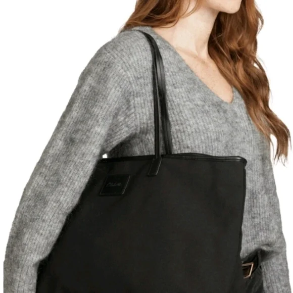 Cleobella XL Black Canvas Tote Zipper Closure Vegan Leather Strap - Picture 5 of 15